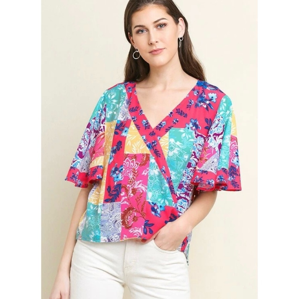 Umgee Mock Wrap Crossbody Flutter Sleeve Mixed Print Top
